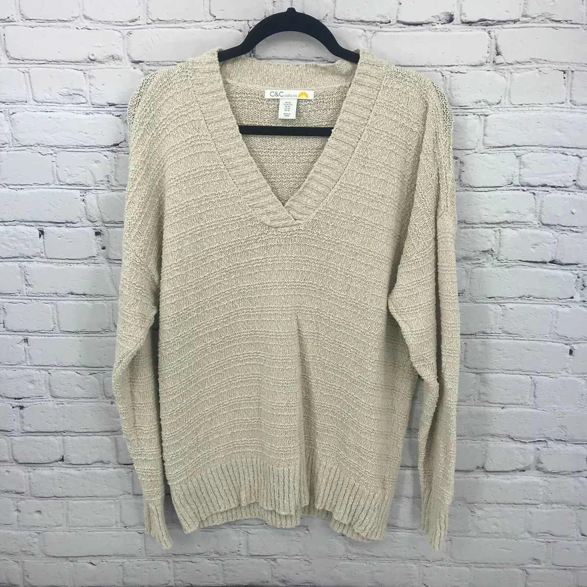 C C California Sweater Womens Extra Large Ivory Pullover V Neck Knit Cotton