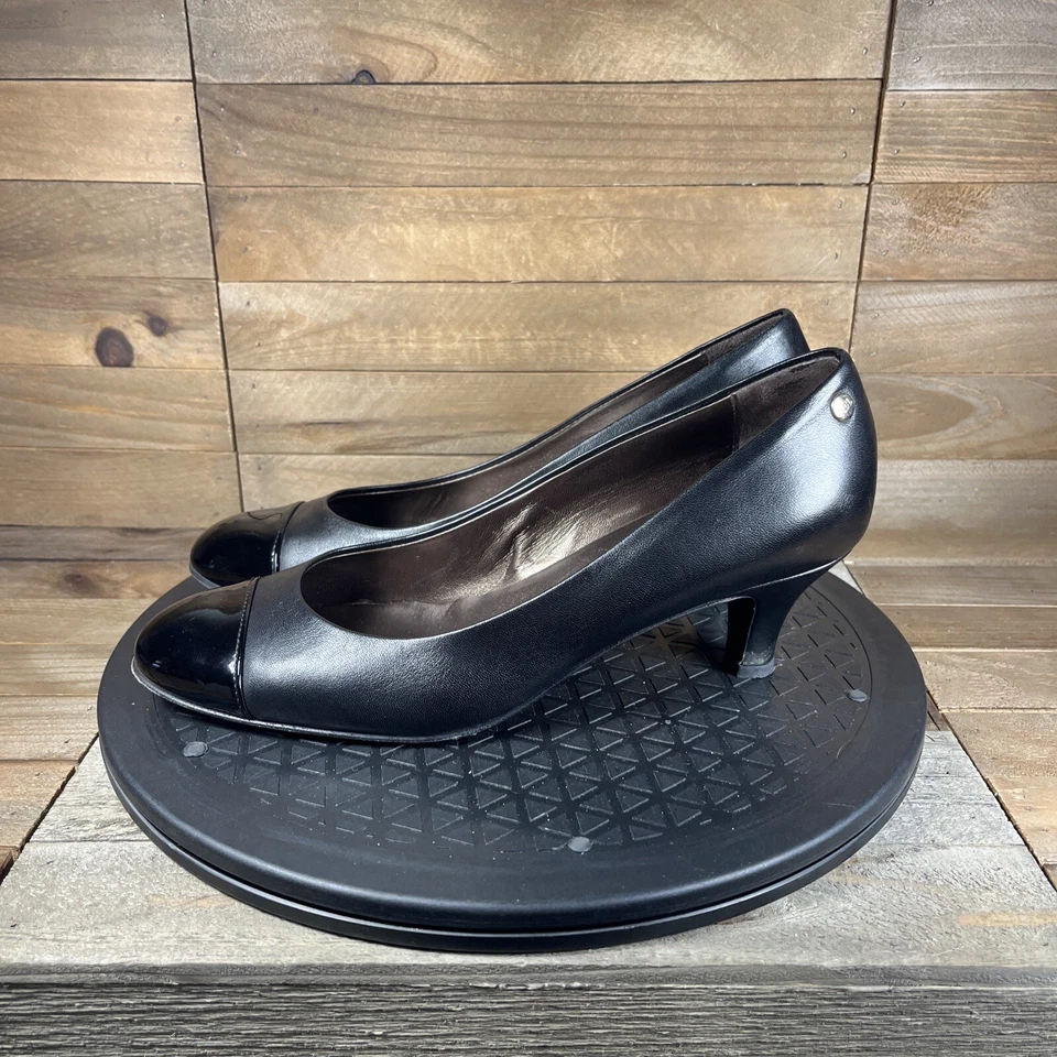 AGL Womens 38 EU/8 US Cap Toe Pumps Heels Nude Black Leather Patent Round Toe - Image 4 of 4