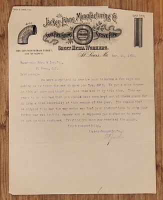Letterhead Missouri 1902 St Louis Jackes Evans Manufacturing Stove Pipe Elbows