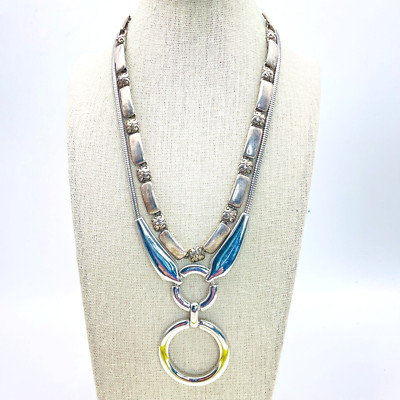 Silver Tone Necklace Lot of 2 PREMIER DESIGNS Rectangles Circle Dangle Pendant