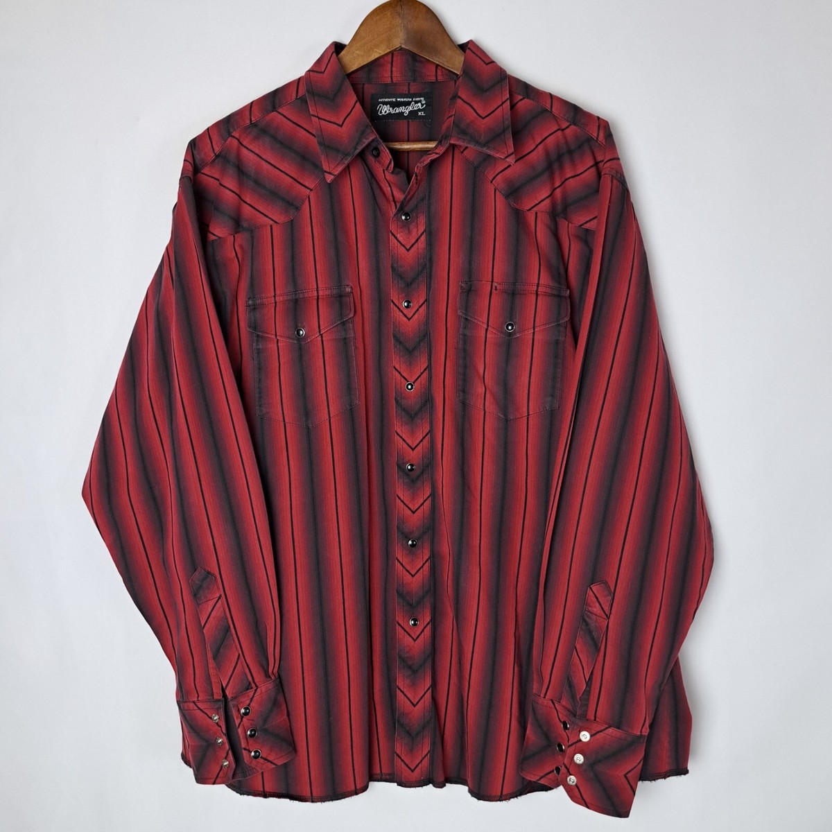 Vintage Wrangler Authentic Western Shirt Mens XL Red Black Pearl Snap LS  Striped