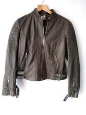 Ex M&s , Per Una Short ,fitted Leather Biker Jacket In Dark Olive/ Khaki Uk 14