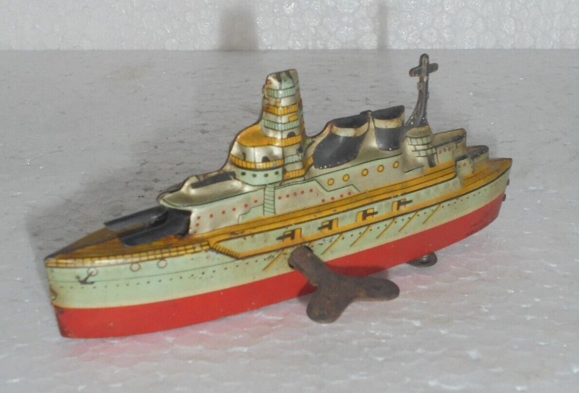 Vintage MT Trademark Litho Wind Up Ship/Boat Tin Toy, Japan Vintage MT Trademark Litho Wind Up Ship/Boat Tin Toy, Japan