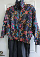 Lavon Silk Vintage Tracksuit Bomber Jacket Pants Black Jewels, Size M Petite