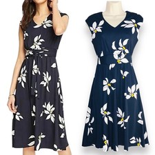 Ann Taylor Womens Navy Leafs Jersey Knee Dress 0P Tie Flare flowy Babydoll Fairy