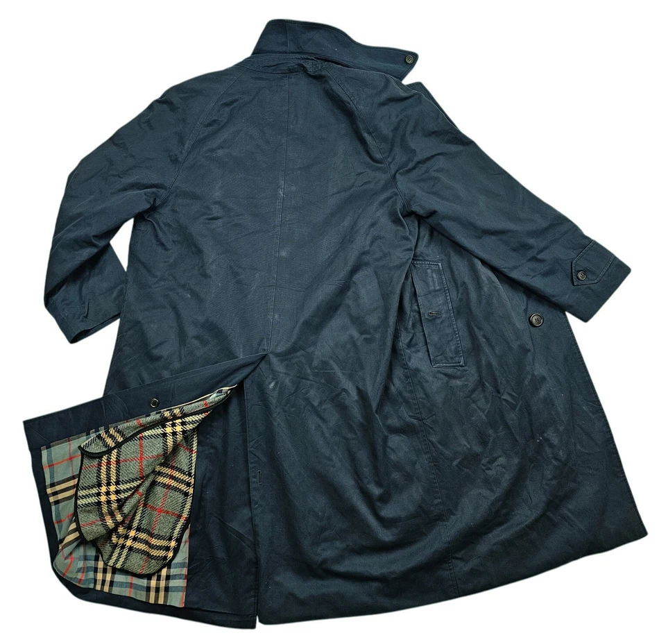 HOT VTG ENGLAND UNISEX BURBERRYS @ NOVA CHECK WOOL LINED LONG TRENCH NAVY Coat S - Image 4 of 4