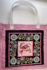 Tote Bag Lori's Art Garden Love Me Handmade Quilted 14 x 13 Pink Bird