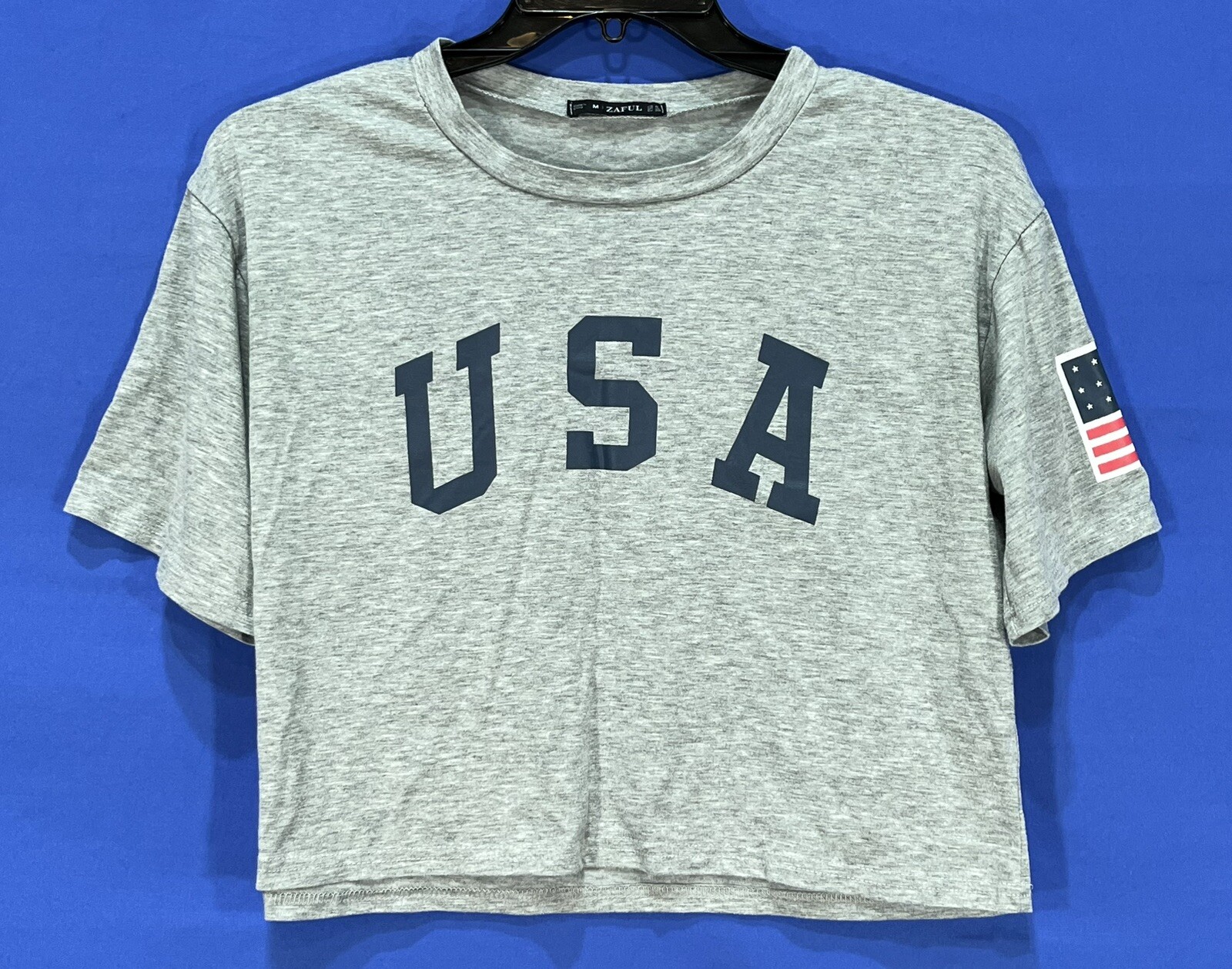 ZAFUL Gray/Multi USA American Flag COTTON BLEND Short Sleeve CROPPED T