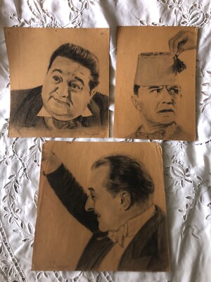Vintage French 3 Pencil Sketches School Study Lou Costello etc Signed J Bonnet