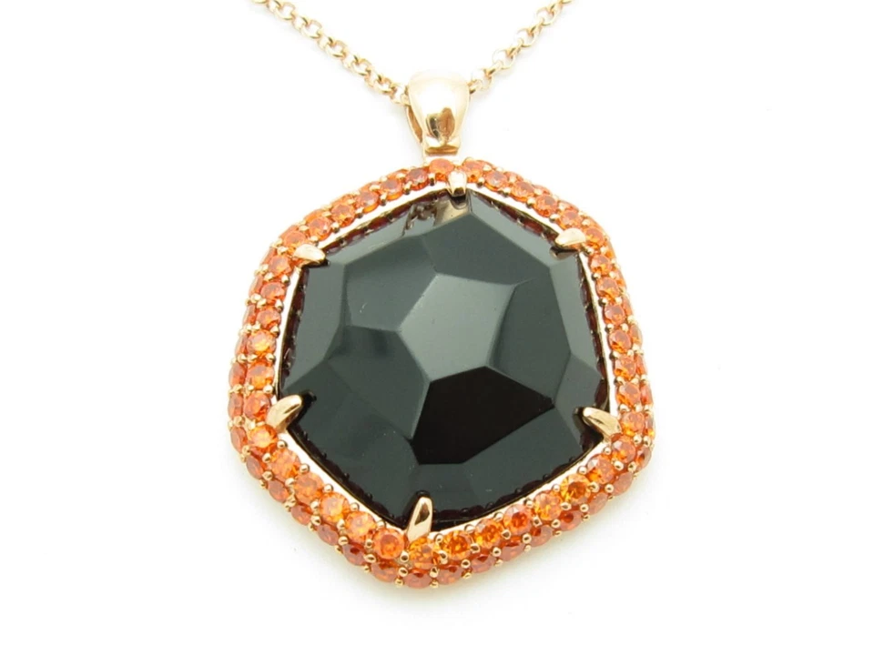 CONJUNTO DE DIAMANTE PRATA ESTERLINA OURO 18K PAVÊ LARANJA SAFIRA E PINGENTE DE ÔNIX PRETO