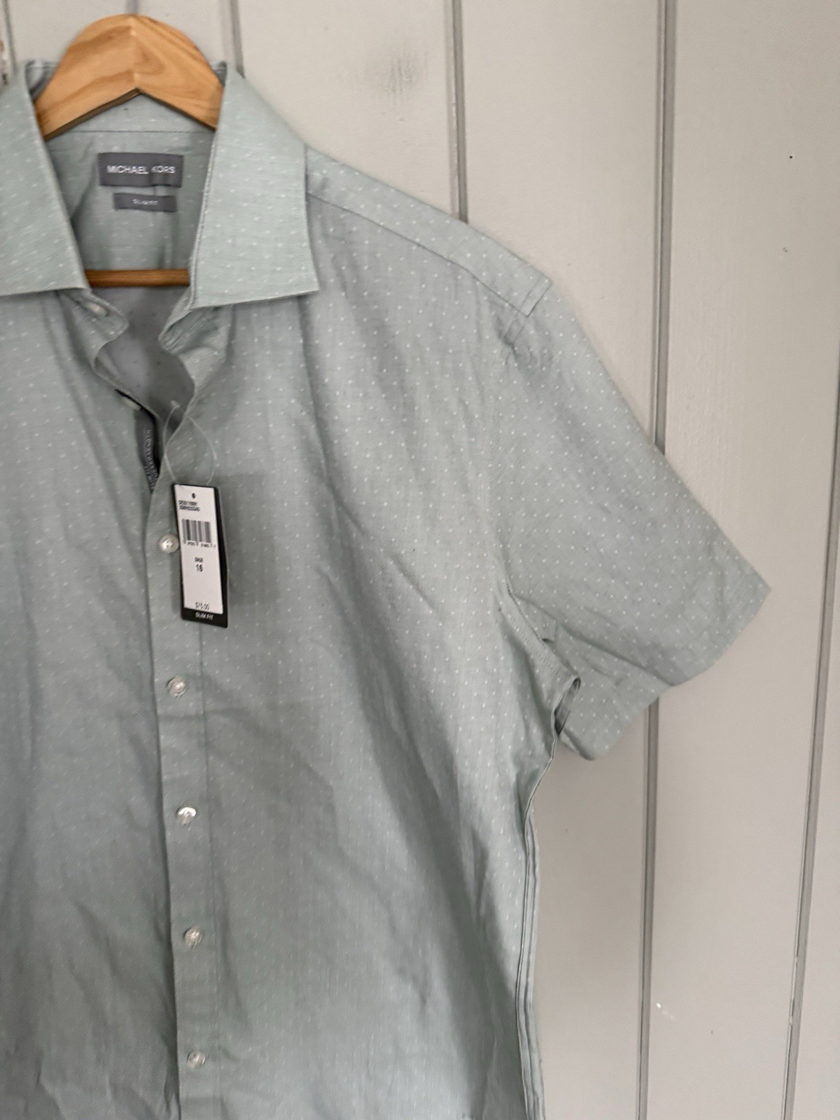 NWT Michael Kors Men’s Slim Fit Short Sleeve Button-Up Shirt L Large Sage Green thumbnail 2