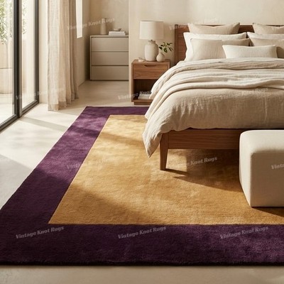 Hand Tufted Wool Area Rug Gold Purple Border Handmade Modern Plush 8x10 9x12 Rug