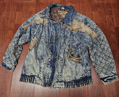 Giacca By J. Gallery Large Bomber Jacket Acid Wash Blue Jean Leather Button Up