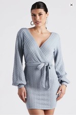Windsor Dusty Blue Cable Knit Wrap Mini Dress – Size M – Excellent Condition