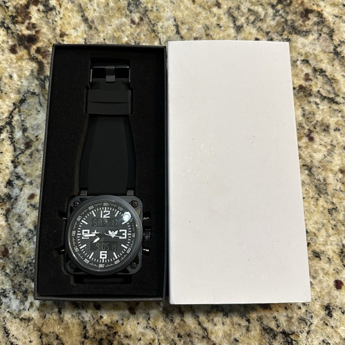 TACTLINE Square Analog-Digital Black Dial Date Black Rubber Strap w/ Box