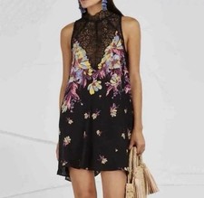 Intimately Free People Marsha Black Floral Mini Slip Dress Small Lace Mock Neck