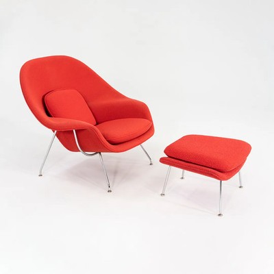 C. 2010 Eero Saarinen Knoll Full-Size Womb Chair & Ottoman Crimson Red Boucle