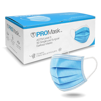 10/50/100 PROMask ASTM Level 3, Medical, Surgical, Dental, 3-Ply Earloop Masks