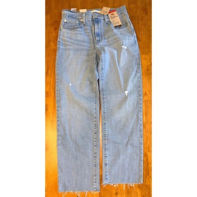 Levis 724 High Rise Straight Crop Jeans Light Wash Distressed Raw Hem 29