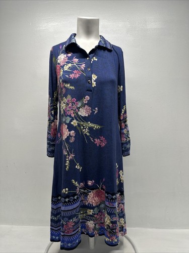 Vestido Johnny Was Willowa Polo Cuello Túnica Floral Jersey Tejido Azul Talla Pequeña - Imagen 1 de 8
