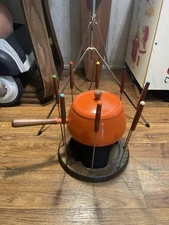 Vintage Retro 70s Japan Orange Enamel Aluminum Fondue Pot 6 Forks 2 Qt Wood Base