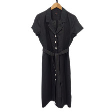 Quince Women 100% European Linen Button Front Dress Black Basic Sleeved M
