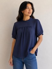 Earth Music & Ecology Premium Medium Navy Blue Puff Sleeve Ruffle Blous