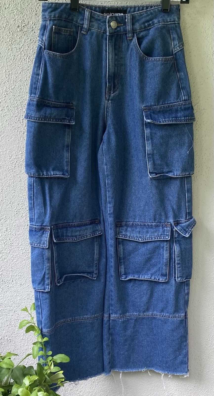 Fashion Nova Jeans Wide-Leg Blue Denim 85% Cotton Cargo Pocket Raw Hem