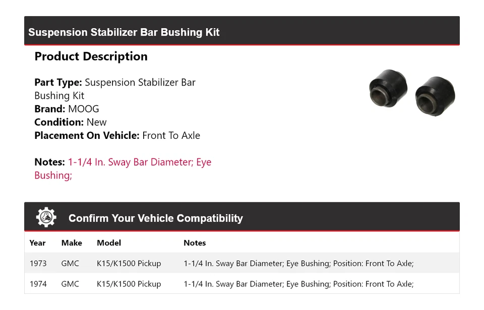 Kit de buje barra estabilizadora suspensión camioneta GMC K15/K1500 1973-1974 MOOG Foto 2 de 4