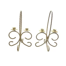 Pair Double Candlestick Taper Holders Free Standing Off-White Twisted Wire VTG