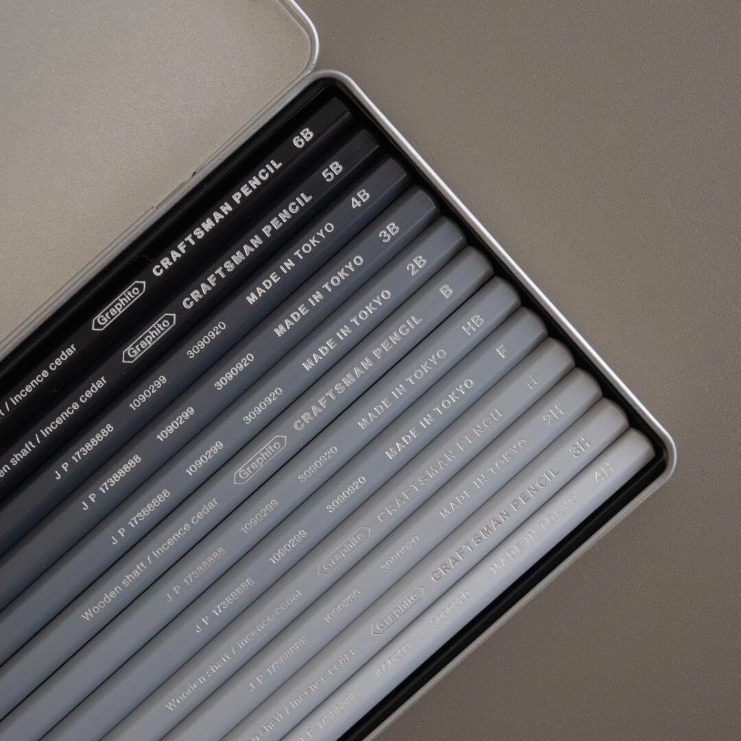 KITABOSHI Craftman Pencil 6B to 4H Set of 12 Can Pen Case Japanese Pencils