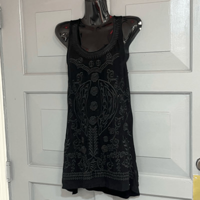 BcBGMAXAZRIA Black Embroidered Sleeves Bathing suit Cover Tank Top Sheer Front S