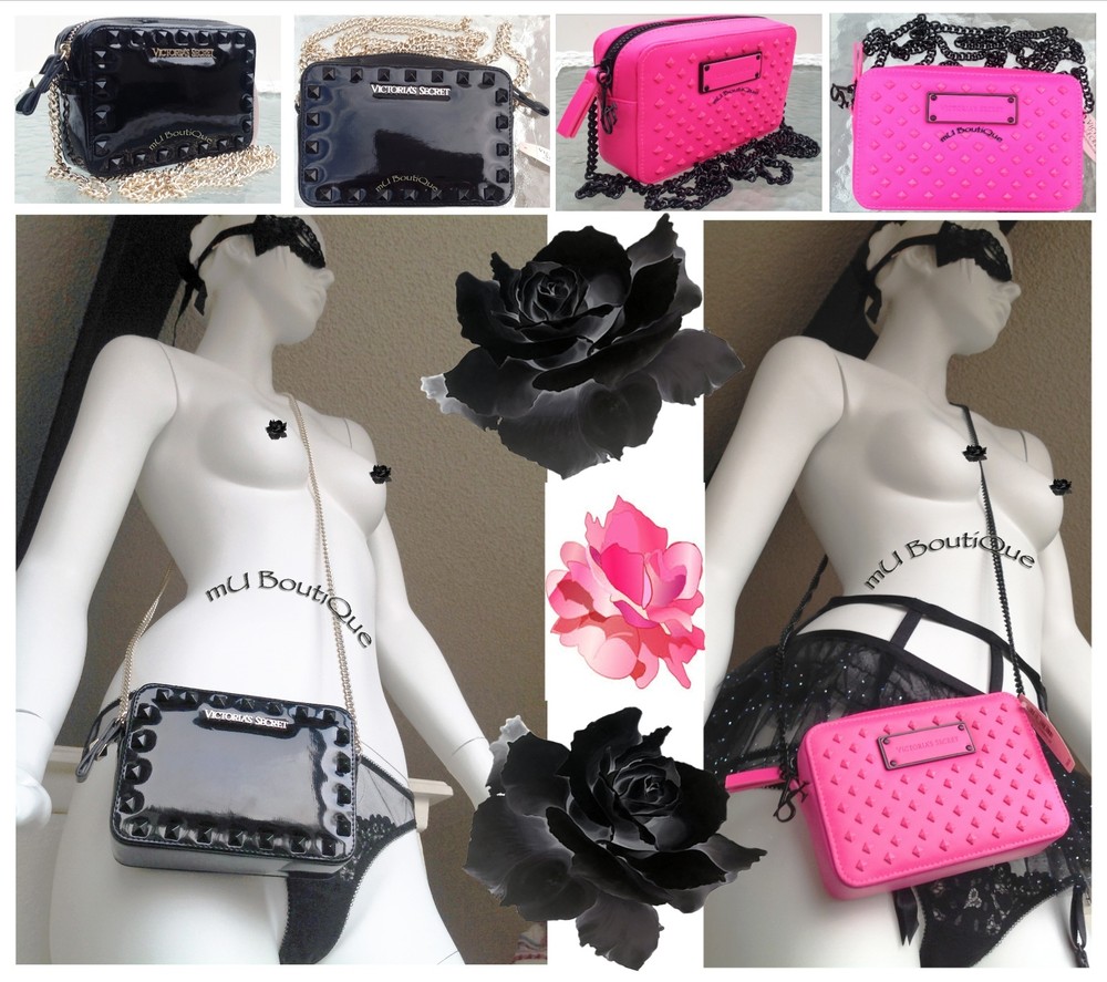 1 VICTORIA SECRET BLACK HOT PINK BOW STUDDED CROSSBODY WALLET CLUTCH PURSE  NWT