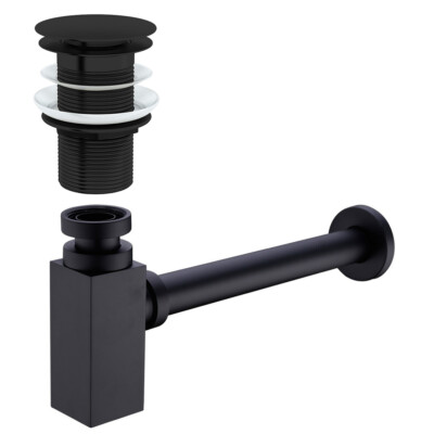 Nes Home Universal Badezimmer Waschbecken Quadratisch Flaschenfalle & Abfall Matt Schwarz
