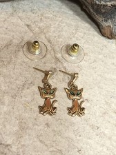 14K only posts Gold Filled Kitty Cat Green eyed Enamel Stud Earrings 1.5g, 7/8"