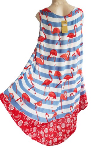 Sommer Viskose Gestreift Kleid Mit Flomingo Freie Größe UK 14 Sich 18 Pink/Blau - Bild 7 von 9