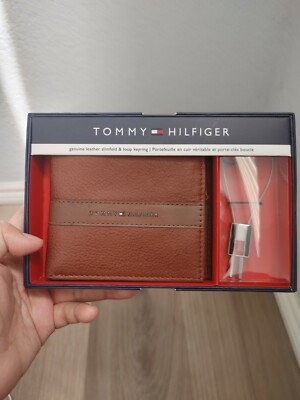 Tommy Hilfiger Pebbled Leather Tan Bifold Men Wallet With Keyring In Gift  Box