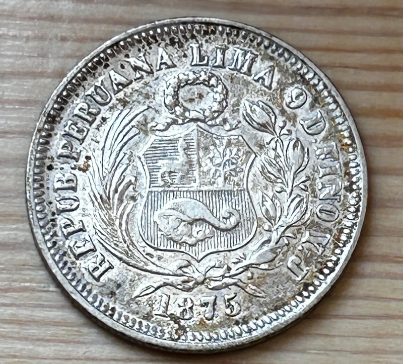 NICE DETAILS SILVER  1/5 SOL FROM PERU DATED 1875