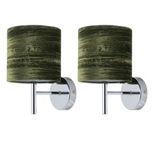 Set of 2 Modern Chrome Wall Lights with Green Crushed Velvet Shades