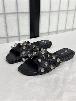 Christian Louboutin Miss Spika Club Spiked Leather Flat Slide Sandals Size 6.5