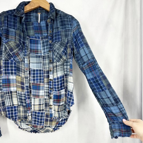 Free People Lost in Plaid Ombre Cotton Patchwork Blue Button Down Shirt Size XS - Afbeelding 2 van 10