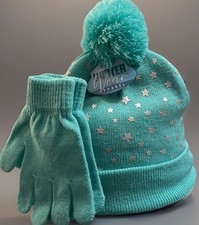 Kids Teal Silver Stars Cuffed Beanie Mittens Set Knit Pom Pom Warm