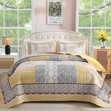 Yellow Quilt Set King Size,Bohemian Patchwork Bedspread Coverlet Set Reversible