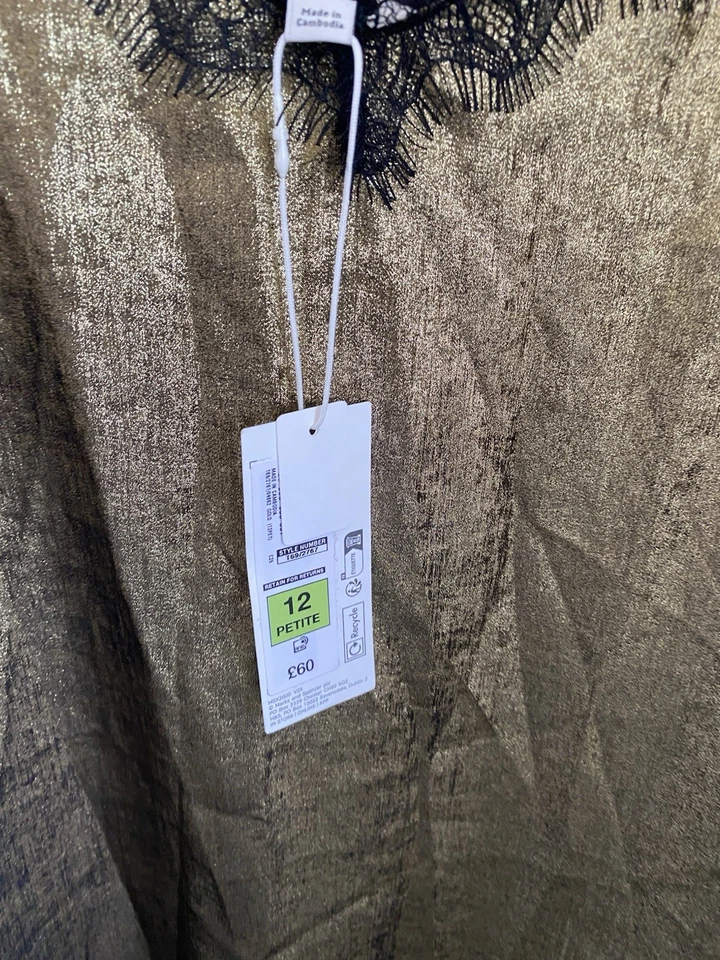 BNWT M&S Gold Metallic Slip Dress With Black Lace Detail - Size 12 Petite rrp£60 - Image 2 of 4