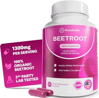 60ct Rosabella Organic Beetroot 1300mg Capsules Circulation And Blood Pressure