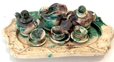Miniature Ceramic Tea  Coffee Set Tray 1:12 Scale Green Brown Dollhouse 9pcs