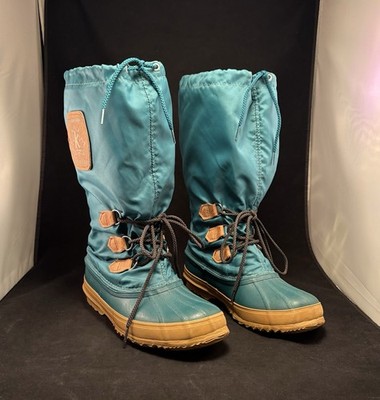 Vtg SOREL Tall Turquoise Winter Snow Boots Felt Liner Womens Size 9 Snowlion