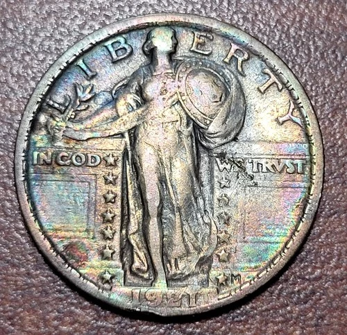 1921 Standing Liberty Quarter Ch. VF Orig. Old Album Rainbow Toning Key Date