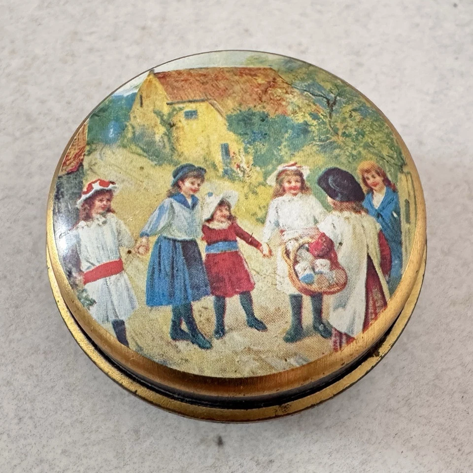 Vintage Pillendose aus Metall blau-gold mit Kindermotiv - Bild 1 von 4