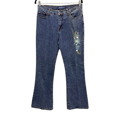 Adolfo Blue Floral Embroidered Linen Blend Flare Jeans Blue Size 8 Rhinestone